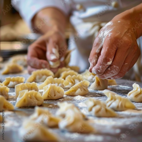 Close-up of a chef's hands shaping dumplings, demonstrating dumpling-making techniques. Job ID: 88225d35-a927-49bb-9104-219368471888