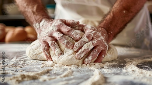 A macro photo captures the hands of a baker kneading dough on a floured surface. The image highlights the tactile nature of the process, showcasing the flour-dusted hands and the soft, pliable dough