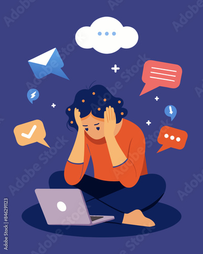 With their head in their hands a social media user is bombarded by a continuous stream of cyberbullying in the form of comments and direct messages.. Vector illustration
