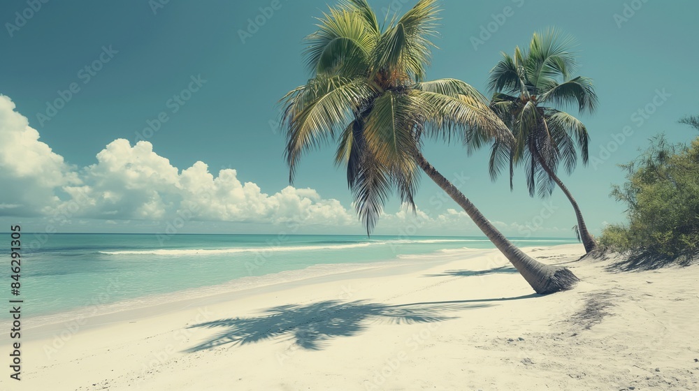 Obraz premium A tranquil beach scene with palm trees and white sand.