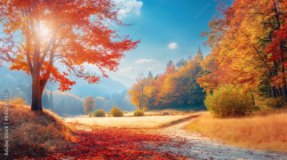 Fototapeta premium A vibrant autumn landscape with colorful trees and a clear blue sky.