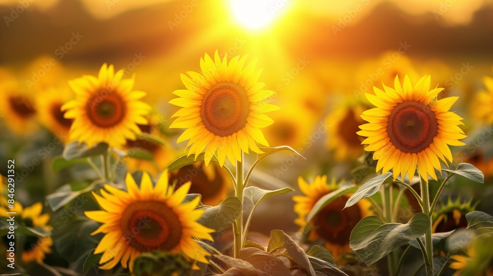 Fototapeta premium A vibrant sunrise over a field of sunflowers.