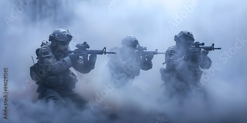 Soldiers in fog with guns shooting in high-definition war zone. Concept War Photography, Soldiers in Action, Military Combat, High-Definition Shots, Foggy Battle Scenes photo