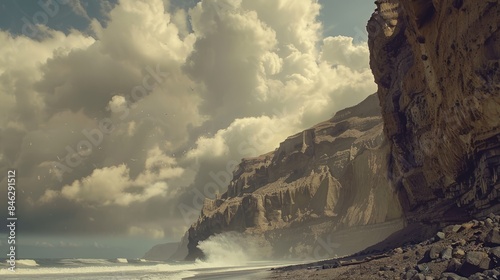 A low angle view of rugged coastal cliffs with crashing waves below and dramatic clouds overhead