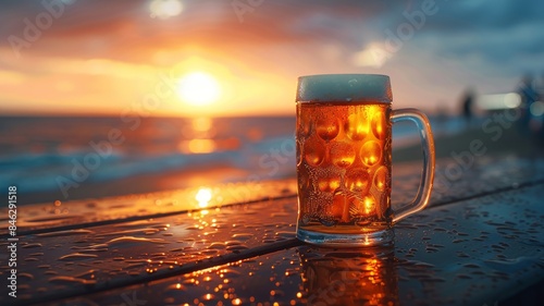 Cold beer in a glass mug at the beach during sunset