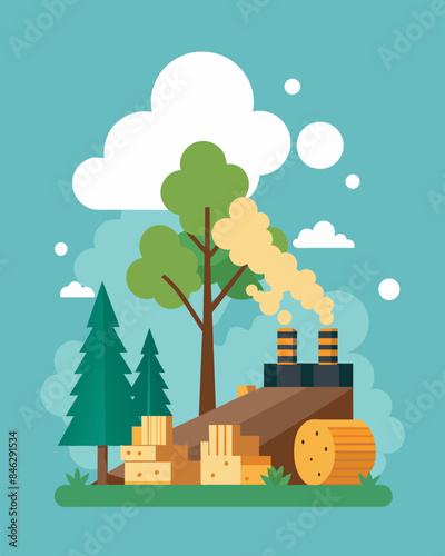 The air is thick with the scent of freshly wood as trees are felled to make way for factories.. Vector illustration
