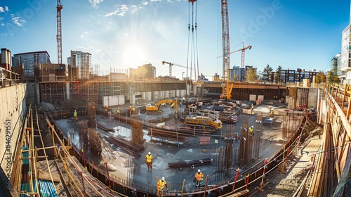 A wide-angle photo of a bustling construction site, capturing workers in action with heavy machinery and large cranes