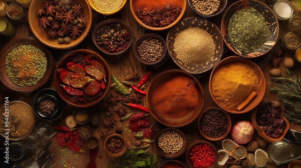 Top-down view of various spices and herbs on the table. Beautiful colorful colors Top-down view of various spices and herbs on the table. Beautiful colorful colors