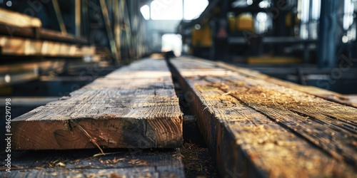 A wooden plank is shown in a factory setting photo