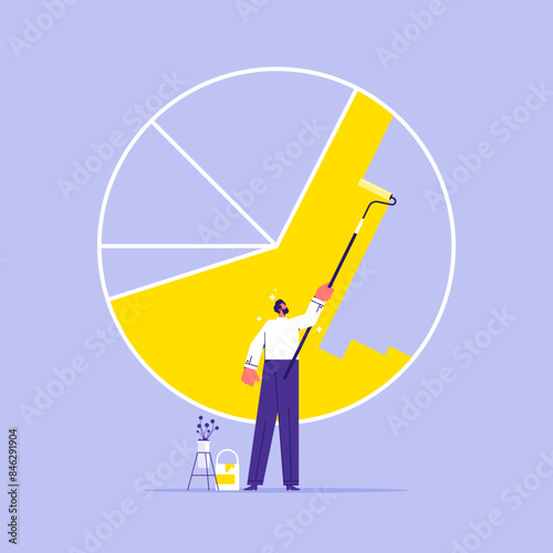Market share concept, competing or economic financial share profit, businessman make for market share pie chart