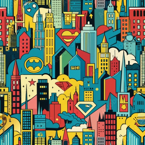 Seamless pattern of comic-style cityscapes and skylines, evoking the iconic imagery of superhero adventures, Generative AI