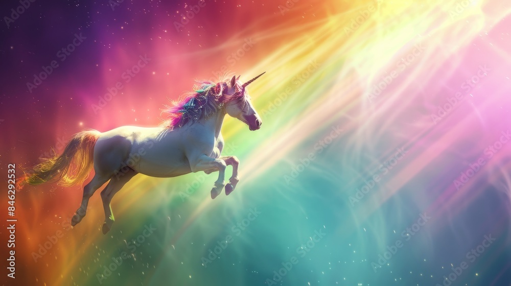 An unicorn flying with rainbow background. An unicorn flying with rainbow background.