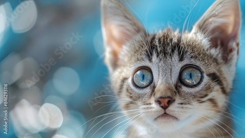 Curious kitten with bright blue eyes close-up