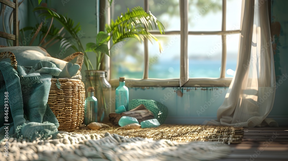 Obraz premium Cozy Coastal Interior with Rustic Charm and Tranquil Ambiance