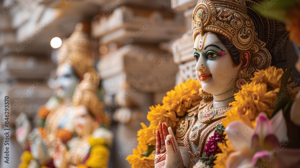 A close-up view of a Hindu deity statue with intricate details and colorful adornments, showcasing the rich artistry of Hindu temple architecture