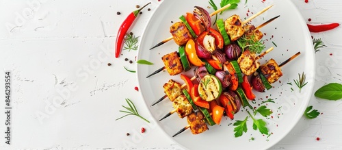 Colorful Summer Table Setting with Vegan BBQ Skewers on White Background