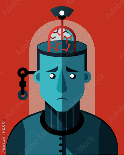 The onceexpansive mind feels suffocated and confined by the unyielding metal surrounding it.. Vector illustration