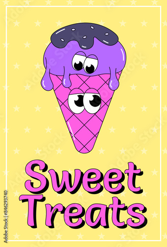 Trendy psychedelic poster ice cream. A scoop of ice cream with chocolate in waffle cone with funky faces. Cute character dessert mascot in groovy style. Vector illustration for menu, cafe