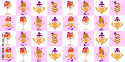 Funky character ice cream with cute faces, feet and hands. Cute dessert mascot in groovy style. Vector surrealism seamless pattern in a squares