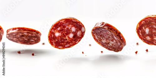 Pepperoni and sausage slices levitating on a blank surface.