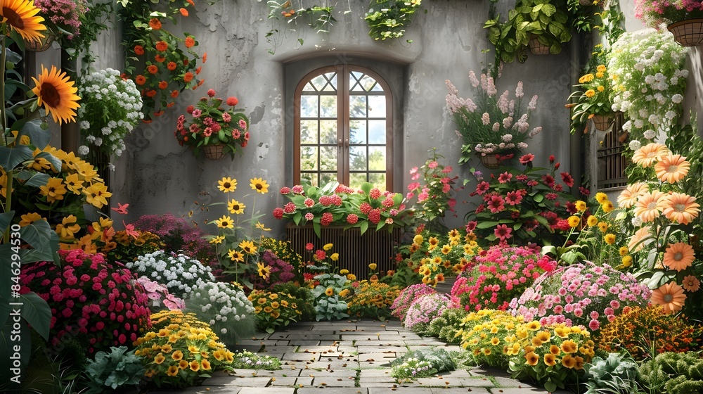 Lush Floral Garden Showcasing Vibrant Peonies Daisies and Sunflowers in Symmetrical Arrangement Lush Floral Garden Showcasing Vibrant Peonies Daisies and Sunflowers in Symmetrical Arrangement