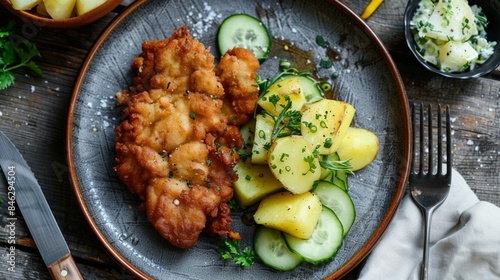 Classic fried schnitzel stake served with potato and cucumber salad on a rustic modern plate