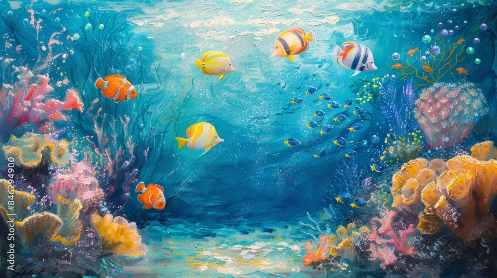 Fototapeta premium Underwater ocean scene with cute fish and corals illustration, oil art pastel.