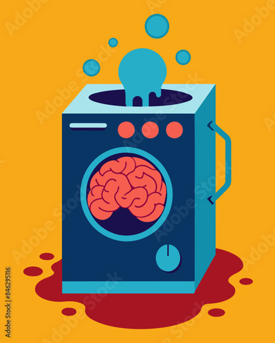 The insidious process of brainwashing rendered tangible in the form of a sentient washing machine.. Vector illustration