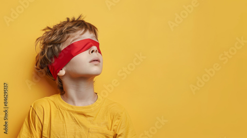 Portrait of a young boy kid with a blindfold on yellow background with copy space
