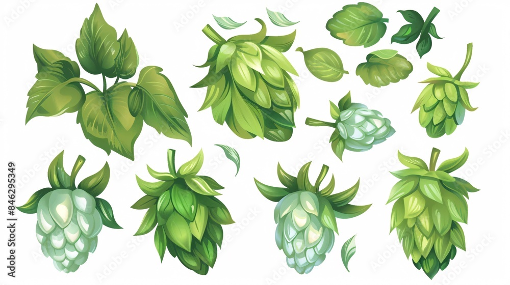 Collection of verdant hop on blank backdrop. Collection of verdant hop on blank backdrop.