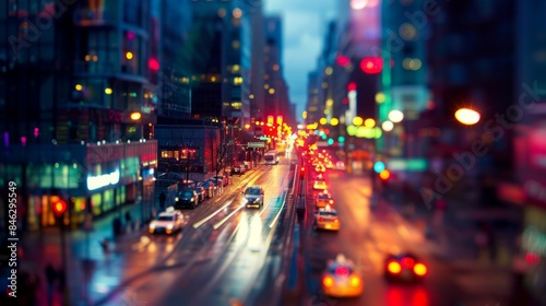 A vibrant night photograph of a city street with cars driving by, illuminated by colorful lights. The image features a tilt-shift effect, making the scene look like a miniature model