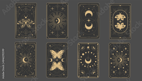 Tarot reverce border magic sacred cover card frame gold line border celelstial mystery esoteric decoration with moth stars and moon on dark background.