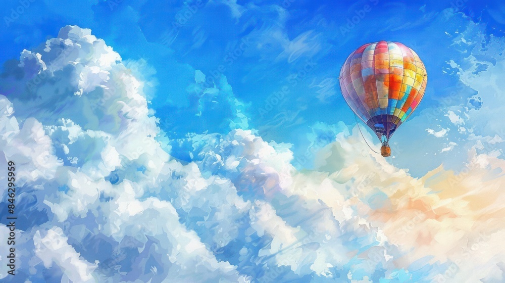 Naklejka premium Colorful hot air balloon soaring through a bright blue sky with puffy white clouds