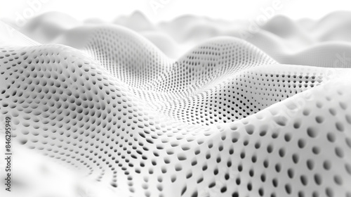 Grey dots in 3D perspective vector abstract background, dotted pattern cool design, wave stream of science technology or business blank template for ads