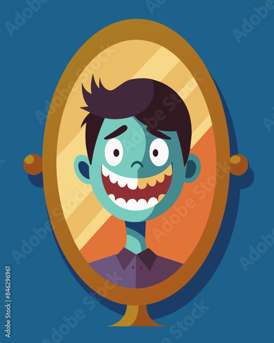 What used to be a bright smiling face now appears grotesque and twisted in the mirrors poisonous reflection.. Vector illustration