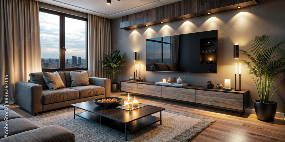 Fototapeta premium interior, room, modern, hi-tech, shows a modern living room with a large sofa, a coffee table, and a flat-screen TV on the wall. The room is well-lit with warm and ambient lighting,