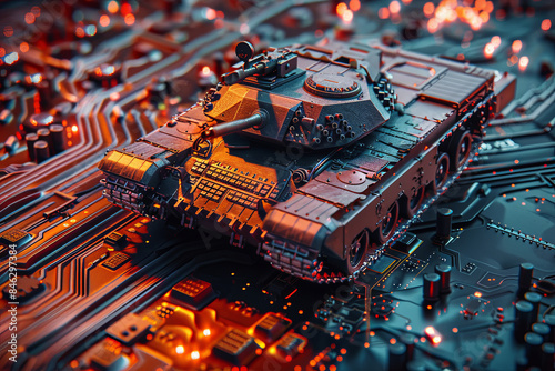 Concept image of a military tank on a powerful computer circuit board, symbolizing AI takeover in warfare or the race for advanced microchip manufacturing photo