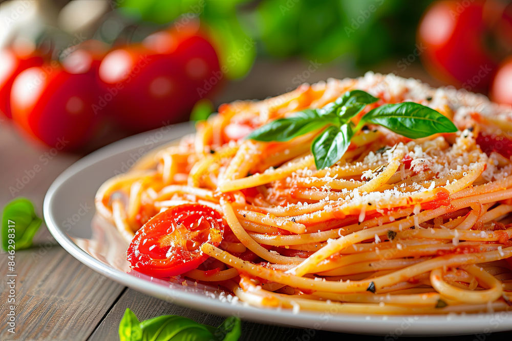 Appetizing plate of homemade Italian spaghetti pasta with Parmesan cheese and fresh tomatoes, perfect for a food or recipe feature Appetizing plate of homemade Italian spaghetti pasta with Parmesan cheese and fresh tomatoes, perfect for a food or recipe feature