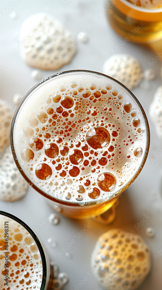 Photo from the top of a mug filled with beer, with the tabletop splashed with foam Photo from the top of a mug filled with beer, with the tabletop splashed with foam