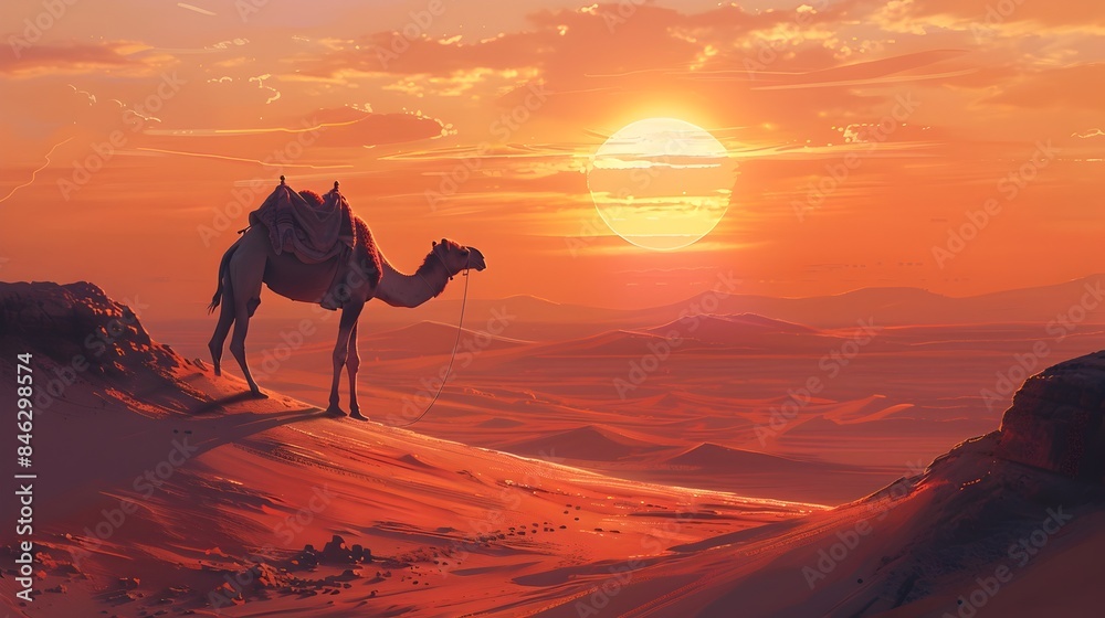 Captivating Desert Adventure with Lone Camel Trekking Across Majestic Sand Dunes at Sunset Captivating Desert Adventure with Lone Camel Trekking Across Majestic Sand Dunes at Sunset