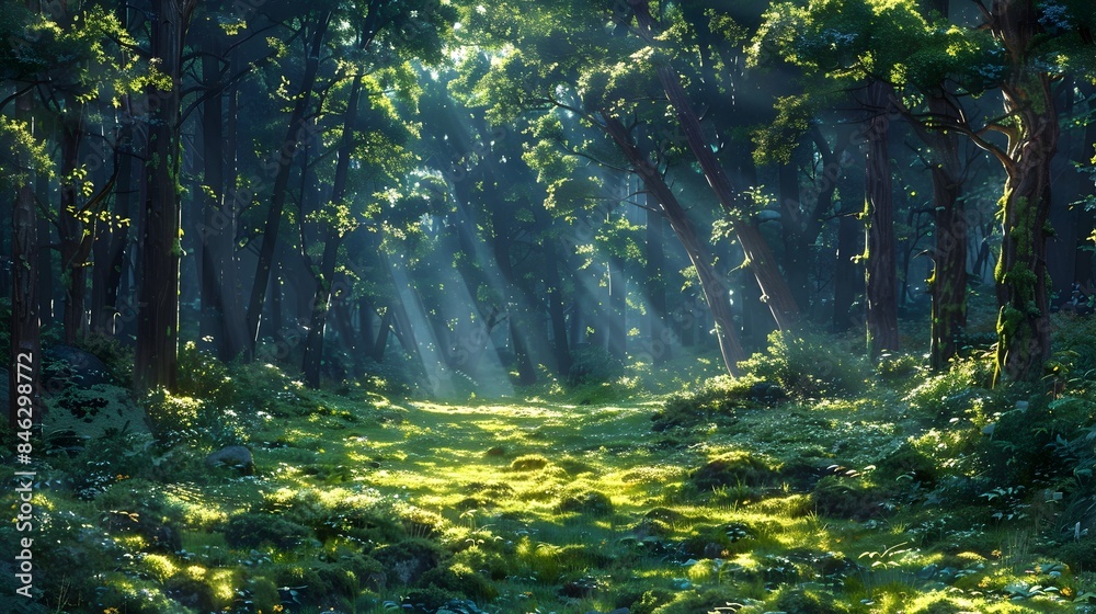 Obraz premium Captivating Forest Canopy Sunlight Dappled Woodland Wonderland Invites