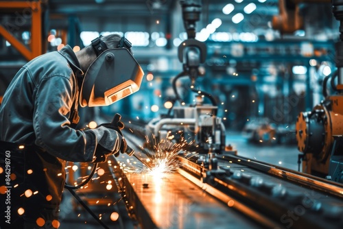 Skilled Welder with Protective Gear Creating Sparks in a Modern Industrial Factory Setting