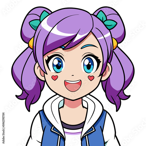 cute and playful anime girl vector art with violet pigtails, adorned with colorful bows, wearing a casual outfit with a hoodie and a heart-decorated denim vest