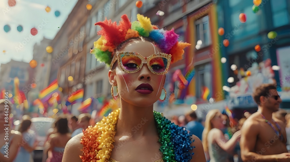 A bespectacled woman wears a rainbow dress and has rainbow hair at the LGBT Pride parade, illustration of the LGBTQ festival. A bespectacled woman wears a rainbow dress and has rainbow hair at the LGBT Pride parade, illustration of the LGBTQ festival.