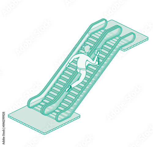 Man runs up an modern escalator. Isometric outline object isolated on white background.