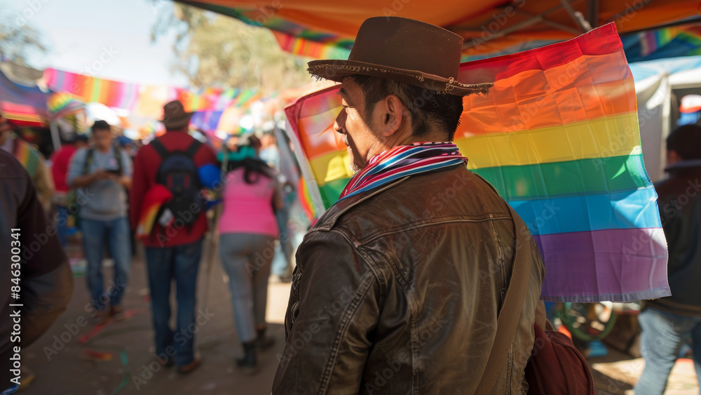 Fototapeta premium Man with Rainbow Flag at Lively Pride Event Celebrating LGBTQ Diversity and Unity