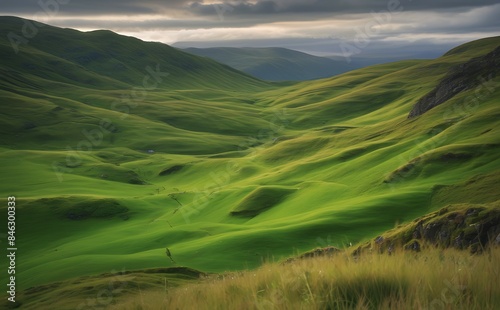 Tranquil Green Rolling Hills with Mountain landscape.