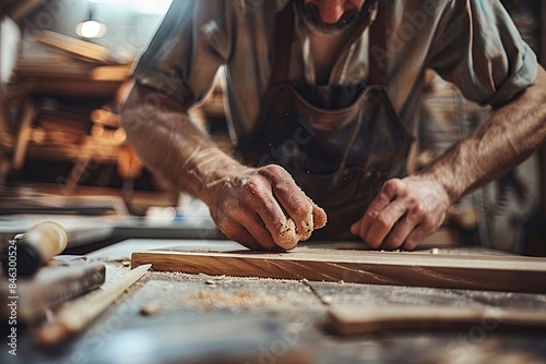 Male carpenter working diligently in a well-equipped workshop, highlighting craftsmanship and woodworking skills