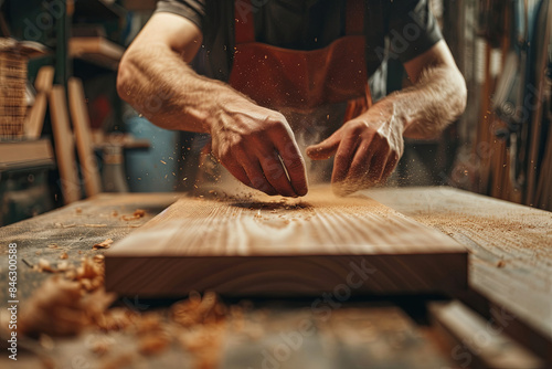 Male carpenter working diligently in a well-equipped workshop, highlighting craftsmanship and woodworking skills