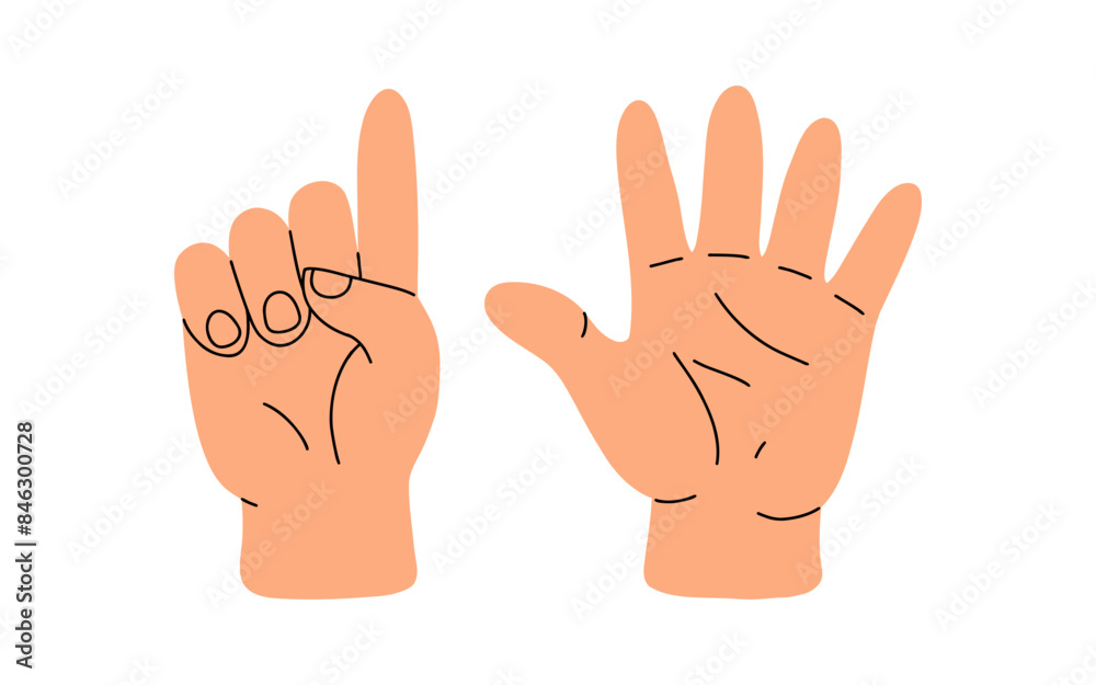 Counting with fingers. Hand gesturing, arm showing one, two, three, four and five numbers, digits. Countdown, score, elementary math learning. Flat vector illustration isolated on white background Counting with fingers. Hand gesturing, arm showing one, two, three, four and five numbers, digits. Countdown, score, elementary math learning. Flat vector illustration isolated on white background